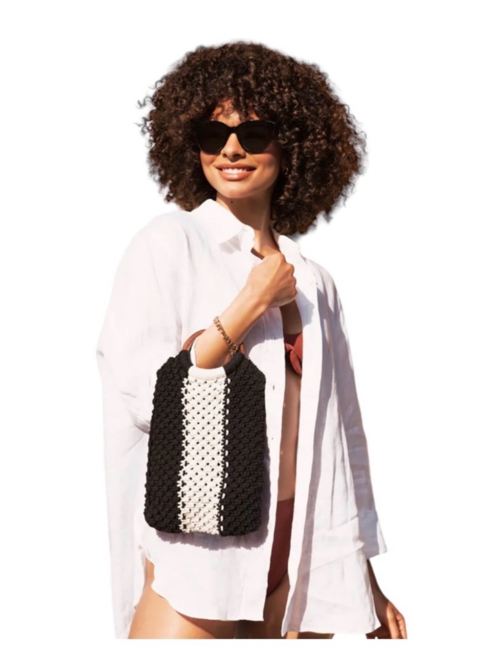 NWT Laude the Label Black & White Crochet Tote Bag with Wooden Handle